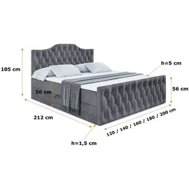 altdecor Boxspringbett mit Fußteil, H4 Matratze und Topper - 160x200 cm - VILA-1-Z - Dunkelgrau Samt - Polsterbett mit Bettkasten und Lattenrost, ... - Dunkelgrau