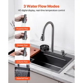 Vevor Einbauspüle 850 x 460 x 236 mm, Einbauspülbecken mit Integrierter Stufe, Wasserfallarmatur & Schneidebrett, Einzelbecken Geeignet für Wohnmobil, Vorbereitungsküche, Waschküche & Bar