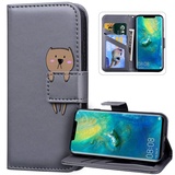 Kompatibel mit Handyhülle Xiaomi Redmi Note 8T Hülle Leder,Xiaomi Redmi Note 8T Klapphülle Handytasche Karikatur Bär Muster PU Tasche Leder Flip Case Lederhülle Magnetisch Wallet Schutzhülle,Grau