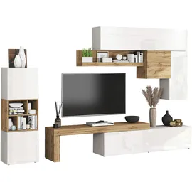 OTTO home Wohnwand OTTO HOME "Chronos Wohnwand, Medienwand, 8-er set", weiß (weiß hochglanz, eiche wotan), B:320cm, Holzwerkstoff, Kastenmöbel-Sets, Wohnwand, ca. 320 cm mit Hängeschränke, Würfel, Regal, Lowboard, Made in Italy
