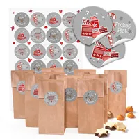 24 braune Blockbodenbeutel Pralinentüten Gebäck-Papier-Tüten mit Pergamineinlage (7 x 4 x 20,5 cm) + 24 Weihnachts-Aufkleber in grau rot weiß Frohe Weihnachten (14127) als Verpackung zum Füllen