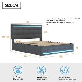XDOVET Polsterbett(140*200)LED-Polsterbett mit 4 Schubladen+2 USB-Ladestationen,Bettrahmen mit LED-Kopfteil-Fußteil,gepolstertes Plattformbett mit Stauraum
