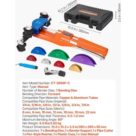 Vevor Rohrbiegegerät, 6-22 mm, Rohrbieger bis 90°, Vorwärts, Biegemaschine mit 7 farbigen Aluminiumlegierungs-Backen, HLK-Werkzeuge, für Kupfer...
