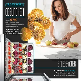 Arendo Dörrautomat Edelstahl, Temperaturregler 30° bis 90°C, Dörrgerät, Dehydrator, 800 W, 10 Etagen, Obst, Fisch, Fleisch, Timer 0,5-24 Stunden - Silber