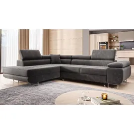 m-punkt Wohnlandschaft Ecksofa MIAMI Samt Grau mit Bett Bettkasten Kopfteilverstellung Bett Sofa Schlafsofa Ottomane links