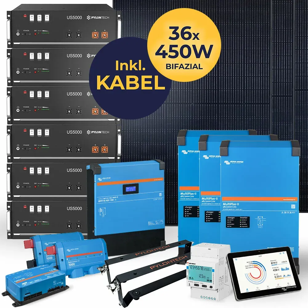 16,2 kW Photovoltaikanlage mit Speicher 28,8 kWh | HUSATECH SunnyHome XL | 3-phasig mit Victron MultiPlus II 48/5000/70-50 + MPPT 450/200 + Pylontech US5000 Speicher