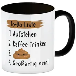 speecheese Tasse To-Do Liste Morgenroutine Kaffeebecher in schwarz mit Spruch
