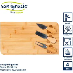 San Ignacio KINVARA - Käsebrett aus Bambus, 19 x 34 cm, mit 3 Utensilien aus Stahl