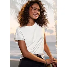 LASCANA Kurzarmshirt "mit glitzernem Strass-Design am Arm", Damen, Gr. 48/50, beige (creme), Single Jersey, Obermaterial: 100% Baumwolle, unifarben, figurumspielend, Rundhals, Shirts, aus luftiger Baumwoll-Qualität