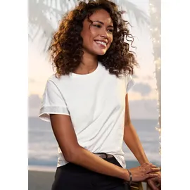 LASCANA Kurzarmshirt "mit glitzernem Strass-Design am Arm", Damen, Gr. 48/50, beige (creme), Single Jersey, Obermaterial: 100% Baumwolle, unifarben, figurumspielend, Rundhals, Shirts, aus luftiger Baumwoll-Qualität