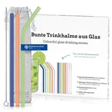 Wisefood Glas Strohhalme - Glas-Trinkhalm Set Bunt - Wiederverwendbare Glashalme - 7x lang 7x gebogen 2x Reinigungsbürsten 1x Beutel - Nachhaltige Mehrweg Trinkhalme für Kinder oder Party’s