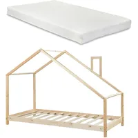 [en.casa] Kinderbett, Siuntio mit Matratze 90x200cm Kiefernholz Natur - Naturbelassen
