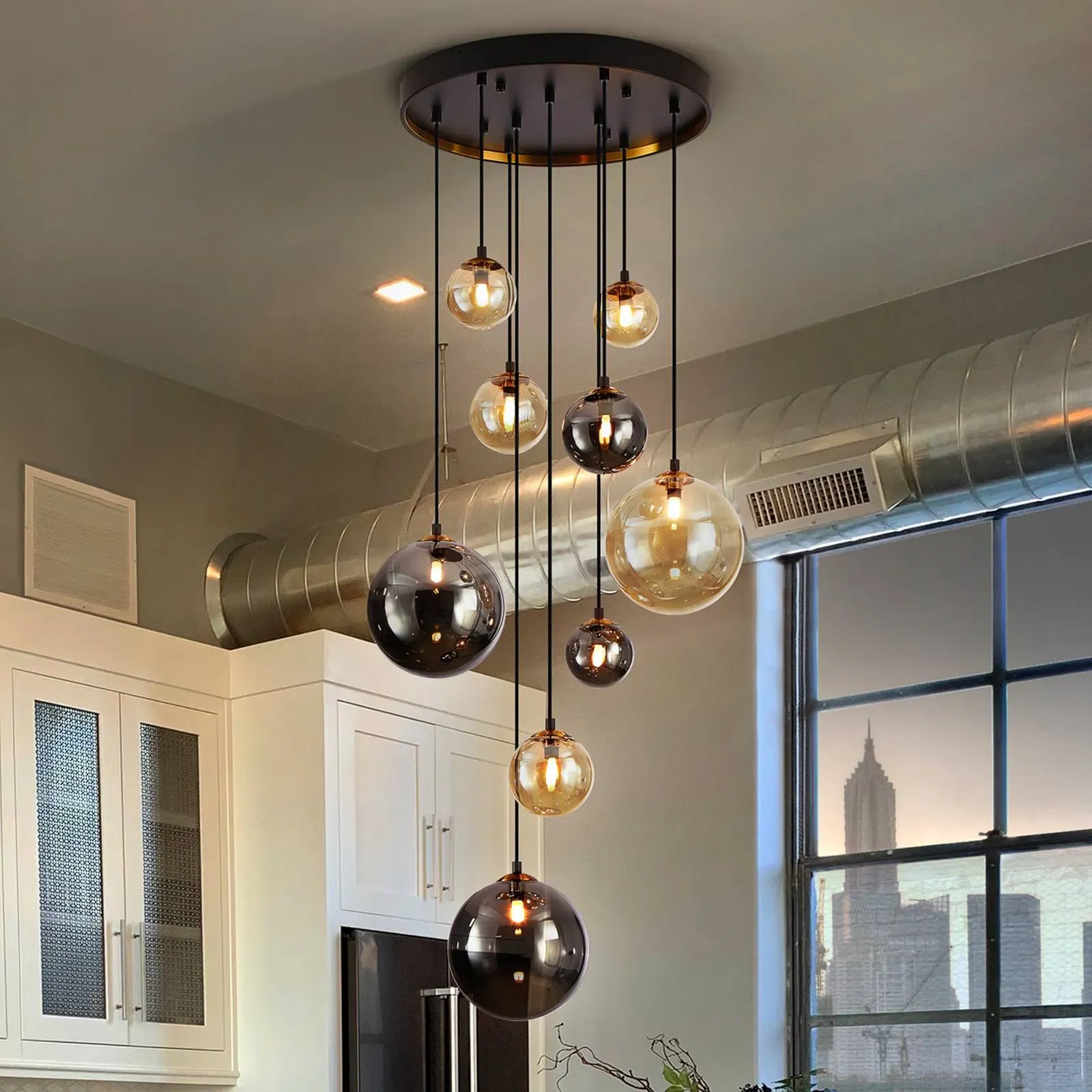 Schuller Valencia Glas Hängelampe Dark, schwarz, für Wohn- / Esszimmer, Metall, Pendelleuchte - 55 cm - 55 cm - 200 cm
