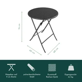 Lemodo Balkonmöbel Set 3-teilig, klappbar, 2x Balkonstühle + 1 runder Balkontisch, Rattan-Optik