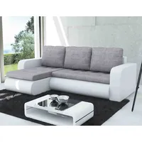 Easy4You Brooklyn Grau und Weiß Kunstleder Ecksofa L-Form 245 cm mit Schlaffunktion und Stauraum - Schlafsofa mit Bettkasten - Moderne Wohnzimmerm...