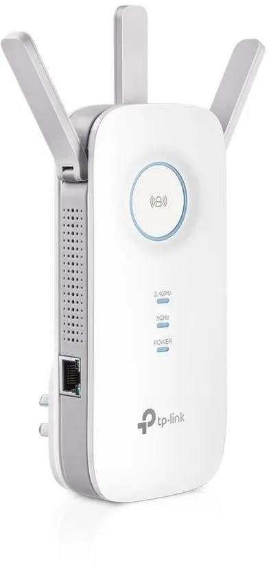 tp-link RE450 WLAN-Repeater, AC1750 Gigabit Dual Band Range Extender, Broadband, WiFi-Extender mit Steckdose, Wi-Fi Booster, Hotspot, Gigabit Port, 3 External Antennas, Built-in Access Point Mode weiß okluge