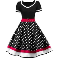 Babyonlinedress Damen Abendkleid Chic Jointiv mit Gürtel Vintage Retro 50s Pin-up Rockabilly Swing gepunktet, Schwarz, XXL - XXL