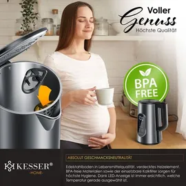 Kesser KESSER® Wasserkocher Edelstahl 1.7 Liter LED-Anzeige 4-Modi Temperatureinstellung 40°C-100°C 30min Warmhalten elektrischer Teekocher 2200W BPA-Frei Kalkfilter | Easy-Open-Deckel