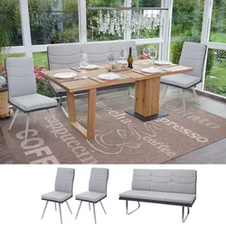 Set 2x Esszimmerstuhl+Sitzbank MCW-G54, Bank Küchenstuhl Stuhl, Stoff/Kunstleder Edelstahl ~ grau Bank 160cm