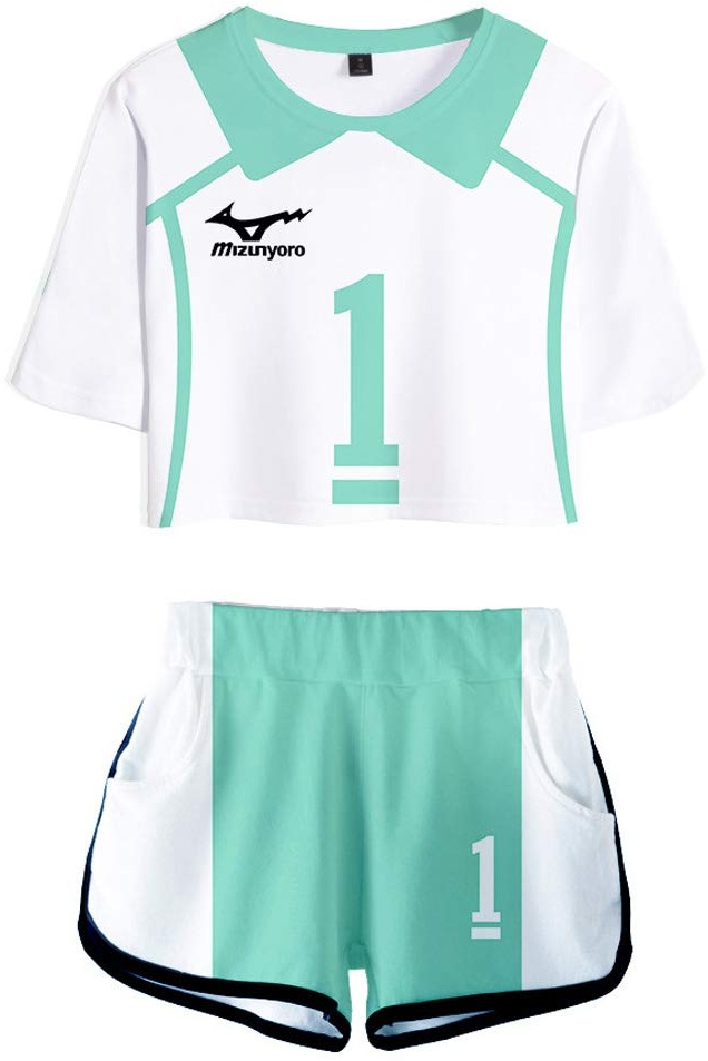 QYIFIRST Anime Aoba Johsai High School Oikawa Tooru Volleyballverein Team Jersey Exposed Nabel T-Shirt Shorts Set Suit Sportswear Cheerleaders Nr.1 Cosplay Kostüm Blau Damen M