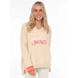 Zwillingsherz Hoodie "Positive Mind", Damen, Gr. L/XL, beige, Sweatware, Obermaterial: 50% Baumwolle, 50% Polyester, unifarben, bequem hüftlang, V-Ausschnitt, Sweatshirts Hoodie, neonfarbenen Bündchen, V-Ausschnitt, Seitenschlitze, Langarm