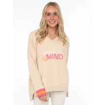 Zwillingsherz Hoodie "Positive Mind", Damen, Gr. L/XL, beige, Sweatware, Obermaterial: 50% Baumwolle, 50% Polyester, unifarben, bequem hüftlang, V-Ausschnitt, Sweatshirts Hoodie, neonfarbenen Bündchen, V-Ausschnitt, Seitenschlitze, Langarm