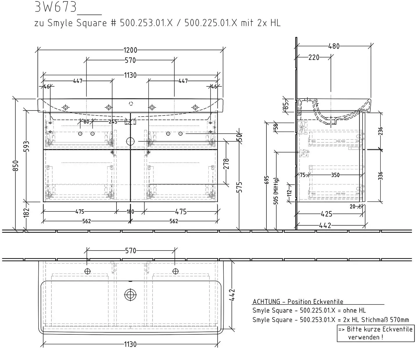 Sanipa 3way Waschtischunterbau für Keramik-Waschtisch Smyle Square 120 cm, 4 Auszüge mit Stangengriff