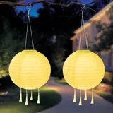 HOTUT Solar Lampions Außen Wetterfest, 2 Stück 25cm Solar LED Laterne mit 4 Quaste, IP65 Wasserdicht Hängende Nylon Laterne für Gärten, Höfen, Balkonen, Hochzeit Dekoration (Warmweiß)