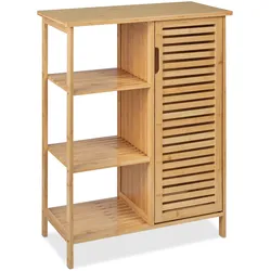 Relaxdays Badschrank Bambus, 3 offene Ablagen & Schrankfach, HBT: 87,5 x 67 x 33 cm, stehendes Badregal mit Tür, natur