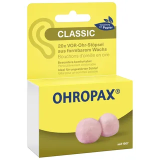 OHROPAX Classic Ohrstöpsel – VOR-Ohr-Stöpsel zum Schutz vor Lärm, Nässe und Wind – aus formbarem, anschmiegsamen Wachs – bequem und für alle Ohren geeignet – Schalldämmwert SNR 21 dB – 20 Stück