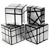 Yealvin Mirror Cube Set, Zauberwürfel Set 1×3×3 Floppy Cube 2×2, 3×3 Zauberwürfel Spiegel und 3×3 Windmill Magic Cube Puzzle für die Intelligenzentwicklung Brain Teaser 4 Pack -Silber