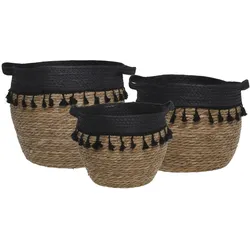 Chic Antique Körbe mit schwarzen Fransen 3er Set, H30/Ø33 cm natur