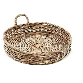 Kobolo Tablett Dekotablett Serviertablett aus Rattan rund -kubu grau- | Gr.: onesize