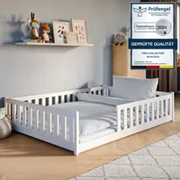 Kids Collective Bodenbett Bett mit Rausfallschutz & Lattenrost Montessori Bett Kinder Jugendbett weiß mit Matratze Junge Mädchen 140x200cm | Weiß