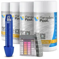 Paradies Pool Wasserpflege-Set, 6-teilig, Chlor Granulat, Algenschutz, pH Plus Minus, Pool-Reinigungsset inkl. Thermometer & Wassertestgerät