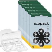 60x ecopack Hörgerätebatterien 10 (Gelb), 10x6er Blister PR70 1,4V + Aufbewahrungsbox für 2 Hörgerätebatterien (alle Größen), transparente Batteriebox für Zwei Knopfzellen bis 12 mm x 6 mm (Ø x H)