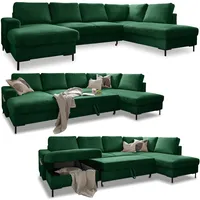 Cord Sofa U Form mit Schlaffunktion - Ecksofa mit Schlaffunktion und Bettkasten, Wohnlandschaft U Form, XXL Couch U Form, Big Sofa XXL, Eckcouch mit Schlaffunktion und Bettkasten, (Sofa Grün Rechts)