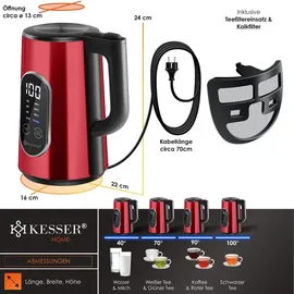 Kesser KESSER® Wasserkocher Edelstahl 1.7 Liter LED-Anzeige 4-Modi Temperatureinstellung 40°C-100°C 30min Warmhalten elektrischer Teekocher 2200W BPA-Frei Kalkfilter | Easy-Open-Deckel