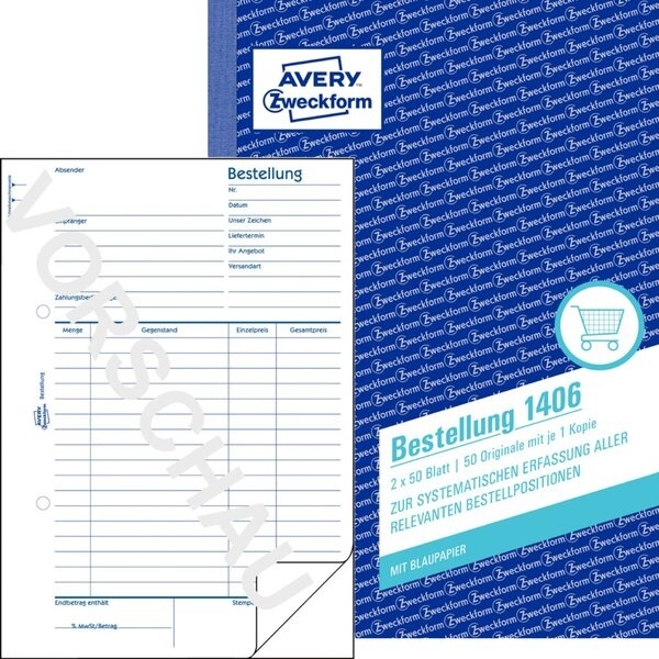 Avery Zweckform Bestellung, A5, 1 Bl. Blaupapier, teilweise gelocht, 1 Durchschlag, 2 x 50 Blatt