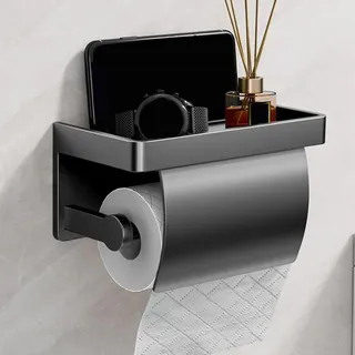 Toilettenpapierhalter Ohne Bohren, Edelstahl Klopapierhalter Ohne Bohren Wird Mit Deckel Geliefert, Klopapierhalter Mit Ablage, Selbstklebend Klorollenhalter Wandmontage(Grau)
