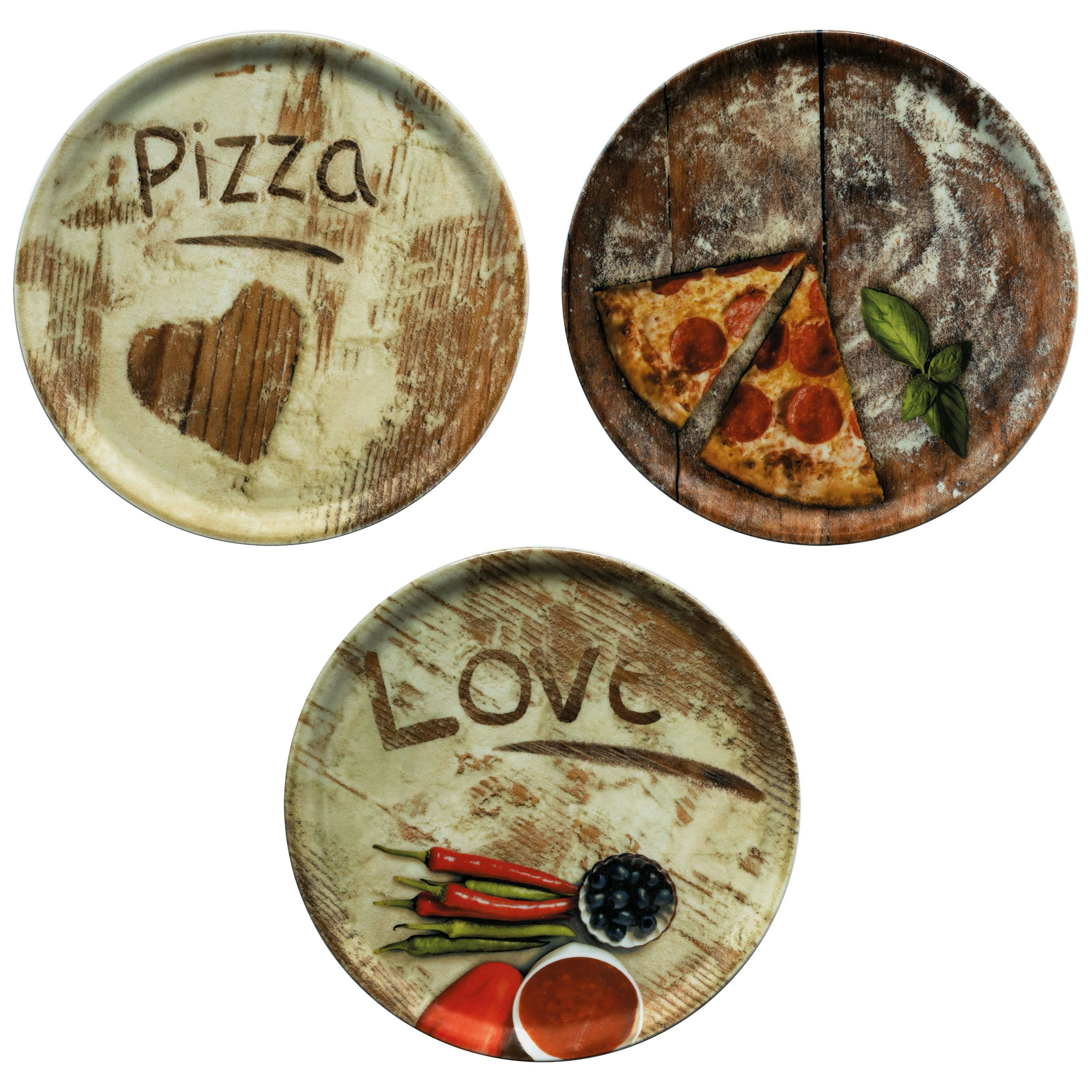 3er Set Pizzateller 33cm Flour 1x Olive + 1x Salami + 1x Lieblingspizza