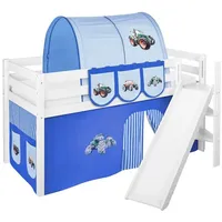 Spielbett JELLE 90 x 200 cm Trecker Blau - Hochbett LILOKIDS - Weiß - mit schräger Rutsche und Vorhang - Weiß/Blau/Hellblau