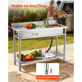 Vevor Spültisch Spülbecken Edelstahl (120 x 50 x 94 cm), Einzelbecken mit Wasserhahn & Schublade, Küchenspüle für Garage Restaurant Wäscherei, Waschtisch Außenspüle mit Arbeitsplatte (links)