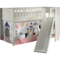 Hochbett VIPACK "Scott, Spielbett, Kiefer massiv weiß lackiert, mit Rolllattenrost", weiß (weiß, weiß prinzessin, weiß, weiß), B:203,7cm H:114cm L:207,6cm, 100% Polyester, Hochbetten, mit Rutsch-/Leiterturm, LF 90x200 cm, inkl. Vorhang, 7 Designs