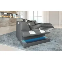 Sofa Dreams Wohnlandschaft Ledercouch Sofa Leder Apollonia C Form Ledersofa, Couch, mit LED, wahlweise mit Bettfunktion als Schlafsofa, Designersofa grau