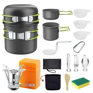 Aischens Camping Kochgeschirr Set, Camping Geschirr Set mit Gaskocher, Outdoor Kochgeschirr Topfset Faltbar, Kit Leicht Aluminium Kochset für BBQ, Wandern,Picknick, für 1-2 Personen