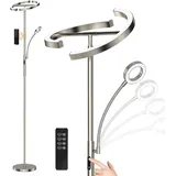 ANTENLICHT Stehlampe Dimmbar LED Silber-Stehleuchte 20W mit flexibler 7W Leselampe Modern deckenfluter mit fernbedienung für Wohnzimmer, Schlafzimmer - Silber