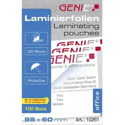 GENIE Laminierfolien im Visitenkarten Format 95 x 60 mm 100 Mikron 100 Stück