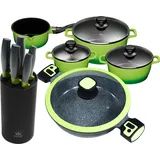 11tlg. KING Vorteilsset GRÜN: 4tlg. Kochtopfset Aluguss Grün, 3xKochtöpfe in Ø16,Ø20,Ø24cm, 1xStieltopf Ø16cm + 6tlg. Messerset KING® CARBO... - Grün