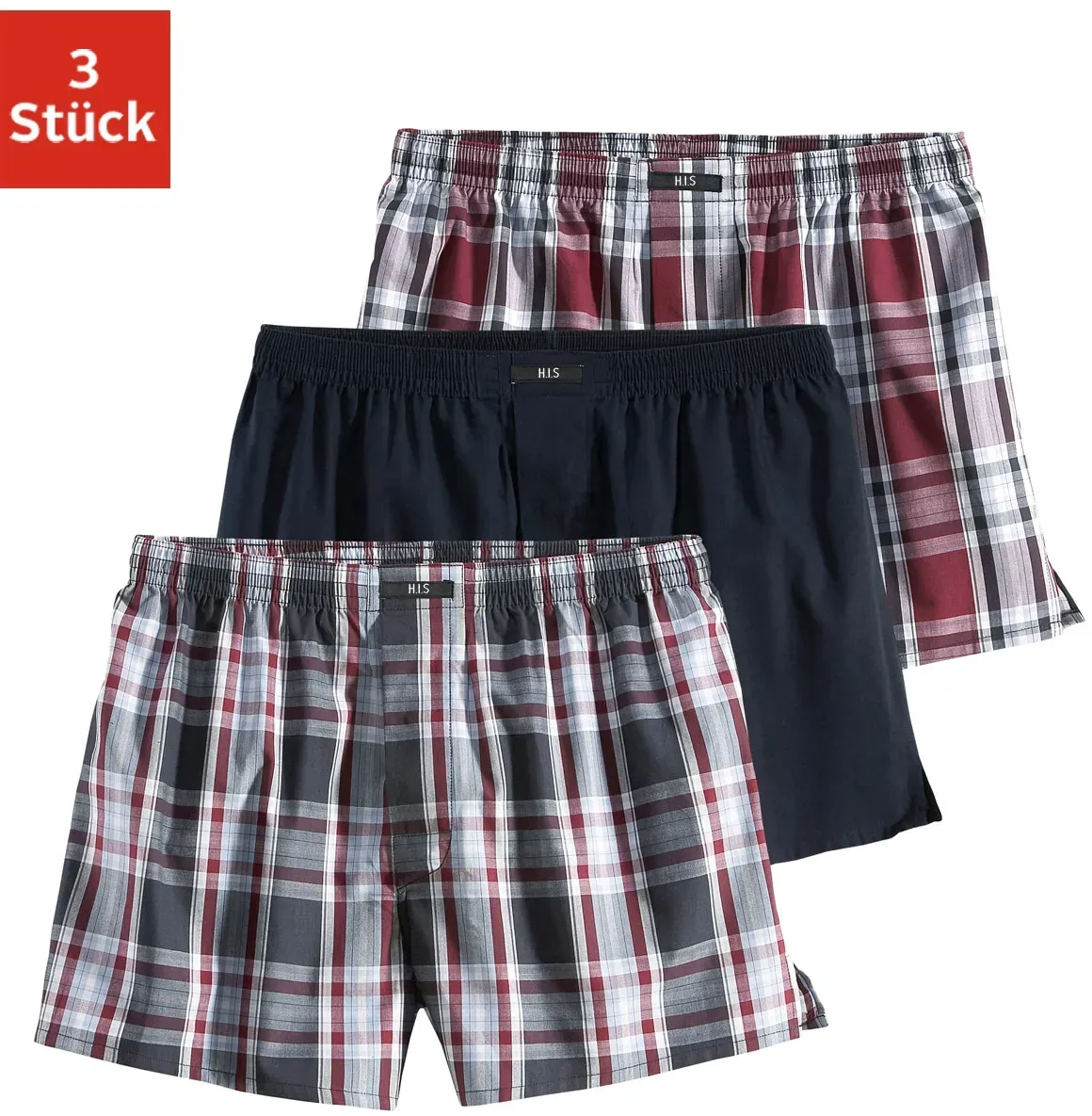 Webboxer H.I.S, Herren, Gr. 7 (XL), 3 Stk., bunt, Webqualität, Obermaterial: 100% Baumwolle, kariert, weit, Unterhosen, in bequemer Passform